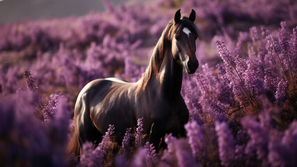 A horse in a field of purple flowers with a purple background.