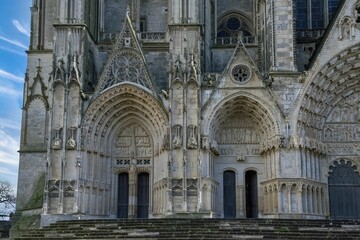 Naklejka premium Bourges, medieval city in France, the Saint-Etienne cathedral, main entry with saints statues
