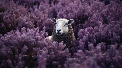 A white sheep in a field of purple flowers.