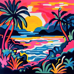 Fototapeta na wymiar Abstract coast at sunset, bright neon matisse style, ai colorful gouache illustration, cartoon summer landscape, sea ocean palms, vacation. Modern fashion background created by artificial intelligence