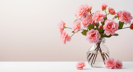 a glass vase with pink flowers sits in front of a white background