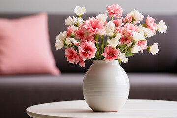 a vase filled with pink and white flowers on the white table