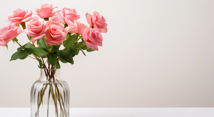 pink roses in a clear glass vase with white background