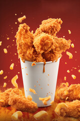 Fried chicken in paper cup with flying pieces of fried chicken on red background