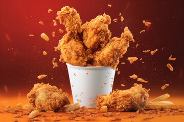 Crispy fried chicken pieces falling into a paper cup on orange background