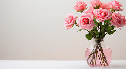 pink roses in a clear glass vase with white background