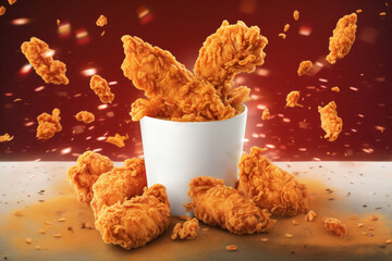 Fried chicken wings in a white cup on a red background.