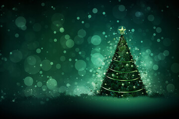 Decorated Christmas tree illustration on green bokeh background.
