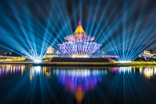 The Sarawak state assembly hall is decorated with colorful lights and very attractive lights