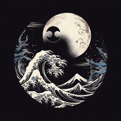 Moon with Mountains and Trees. Yin Yang theme