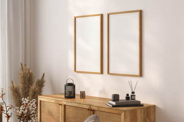 Double wooden frame mockup in boho living room interior background, 3d render