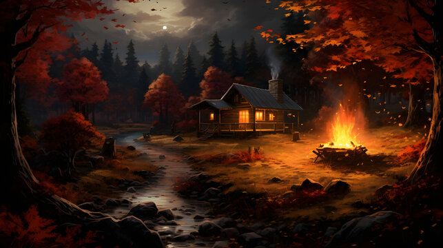 cozy autumn picture scene with a rustic cabin in the forest, bonefire, mountains, river