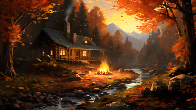 cozy autumn picture scene with a rustic cabin in the forest, bonefire, mountains,  river