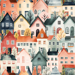 Scandinavian houses seamless pattern. Cute watercolor buildings and trees. Trendy scandi print, decorative vector background