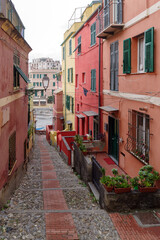 Fototapeta na wymiar Narrow street in Boccadasse ancient village, Genoa, Italy