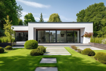 A modern house with garden and lawn, exterior view. Generative ai and digital editing.