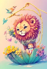 Fototapeta premium cartoon, animal, illustration, vector, lion, dog, hedgehog, art, cat, character, smile, fun, baby, mammal, drawing, pet, funny, toy, nature, animals, wild, cute, design, flower, safari, love, kitten, 