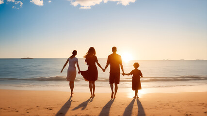 Fototapeta premium The Happy Family Embracing the Sea Beach. Generative Ai