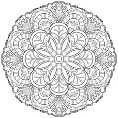 Colouring page, hand drawn, vector. Mandala 225, ethnic, swirl pattern, object isolated on white background.