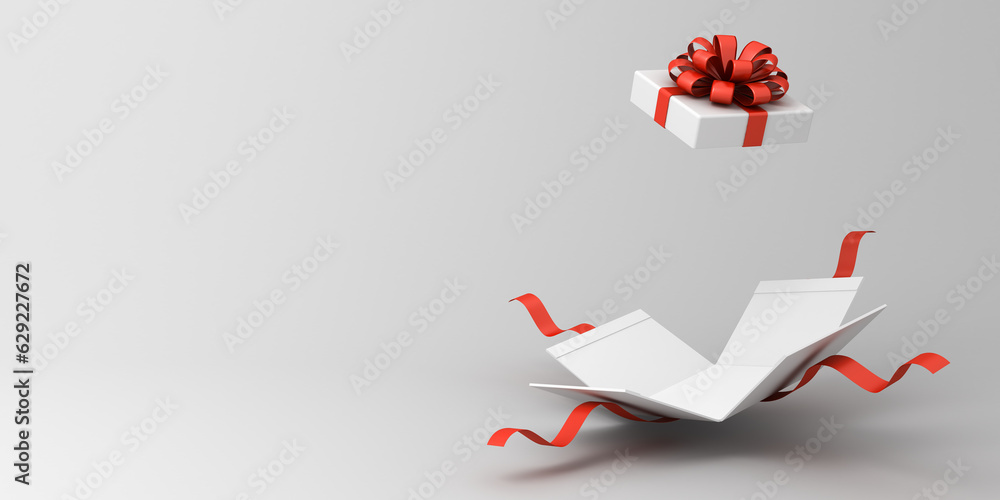 Aufkleber White present box open or gift box with red ribbons bow isolated on white grey background with shadow and empty space minimal conceptual 3D rendering