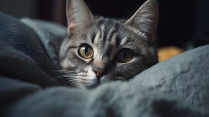 A cute cat curled up in a cozy blanket on a couch
