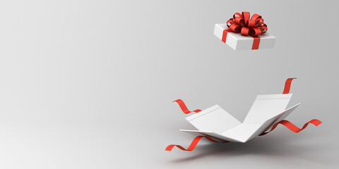 White present box open or gift box with red ribbons bow isolated on white grey background with shadow and empty space minimal conceptual 3D rendering