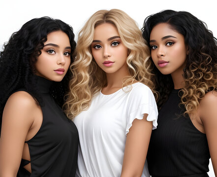 Beauty models - three girls with healthy curly hair, Fashion, and cosmetics. Generative AI