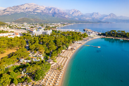 Kemer, Antalya, Turkey. Aerial view of Moonlight Beach in Kemer. Beautiful turquoise colors of Mediterranean sea. Drone shot.