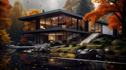 Modern house glass details autum landscape picture