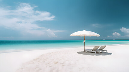 Fototapeta na wymiar Beach with umbrella and chairs, beautiful beach background 