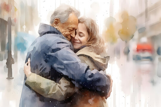 senior couple hugging each other in water color style background
