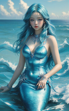 Fantasy woman mermaid myth goddess of sea. Art creative costume ocean good body woman. mystic spirit of lake river floats swimming in water. sunset nature Magic sun light