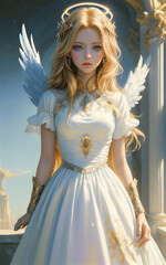 Fantasy female angel with white big wings. Anime angel girl. above the clouds background, magical light. Lady goddess in white dress.