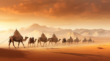Fototapeta na wymiar Create a visually stunning poster featuring a majestic camel caravan passing by a row of Bedouin tents, symbolizing the essence of desert travel and exploration.