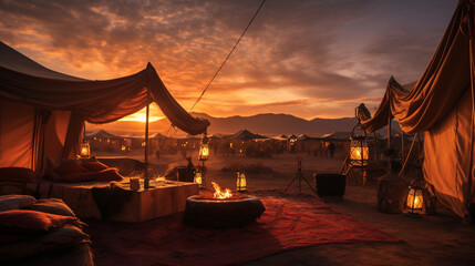Design a stunning time-lapse video of a sunset over the desert, with the warm hues of the sky casting a magical glow on the Bedouin tents, creating an ethereal atmosphere." Generative AI