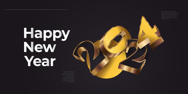 Creative New Year 2024 Banner or Poster Design with Black and Gold 3D Numbers. Happy New Year 2024 Design
