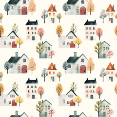 Cute watercolor buildings and trees. European houses seamless pattern.  Trendy scandi vector background