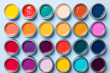 pattern of open colorful cans of paint flat lay