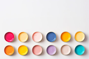 pattern of open colorful cans of paint flat lay border with copy space