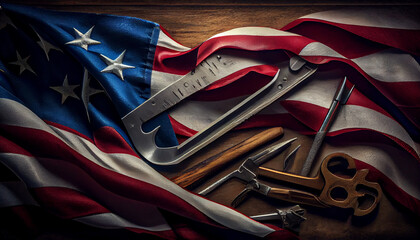 Labor day american flag and pliers tools, USA flag on a wooden background Ai generated image