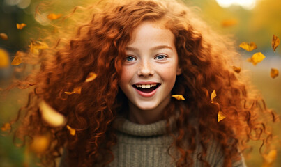 fröhliches Mädchen mit roten langen Haaren genießt den Herbst