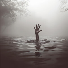 A hand coming out of the water, Save us out from the darkness - AI generated
