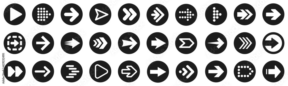 Poster Set arrow button icons. Collection different arrows sign. Set different cursor arrow direction symbols in circle flat style – stock vector