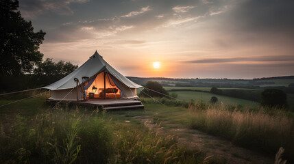 Fototapeta na wymiar Glamping luxury glamorous tent camping at night
