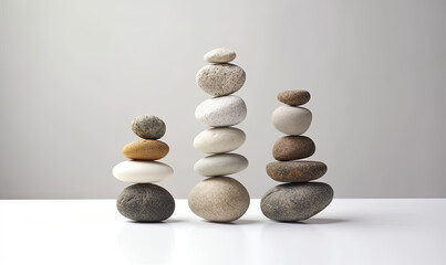 Stones of balance. Pebbles pyramid on white background. For banner, postcard, illustration. Created with generative AI tools