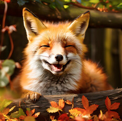 Young laughing fox on a sunny day in the forest - AI generated 
