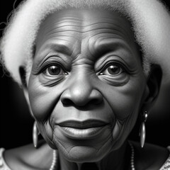 Close up atmospheric black and white portrait of an attractive elderly black woman.  Generative AI
