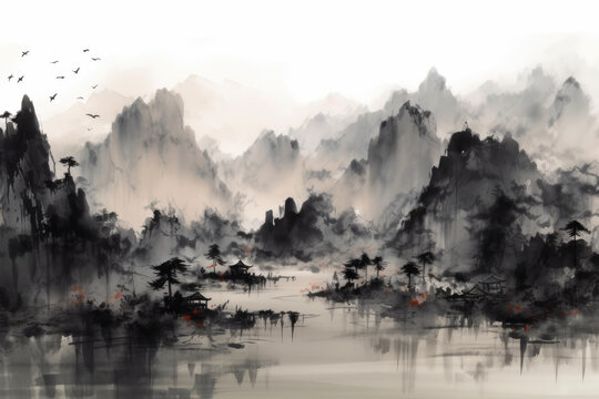 Ink brush strokes mountains landscape, watercolor. Generative AI