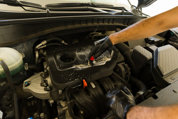 Professional cleaner cleaning car engine at auto detail service