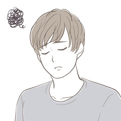 目を閉じて悩みを抱える若い男性